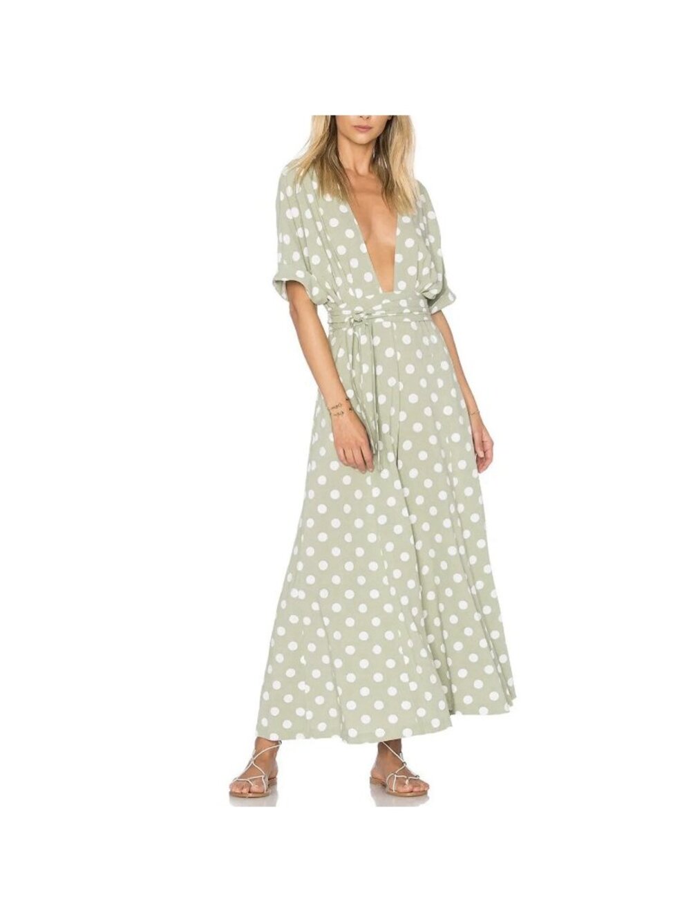 Mara Hoffman Deep V-Neck Green Polka Dot Short Sleeve Wide Leg Jumpsuit Size 8